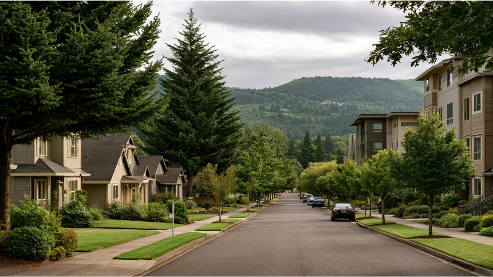 A quiet residential street in Beaverton, Oregon, with family homes, mature trees, sidewalks, and lush Pacific Northwest greenery.