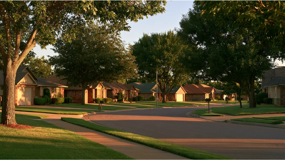 A quiet residential street in Yukon, Oklahoma, with detached family houses, green front lawns, mature trees, and a peaceful suburban atmosphere.
