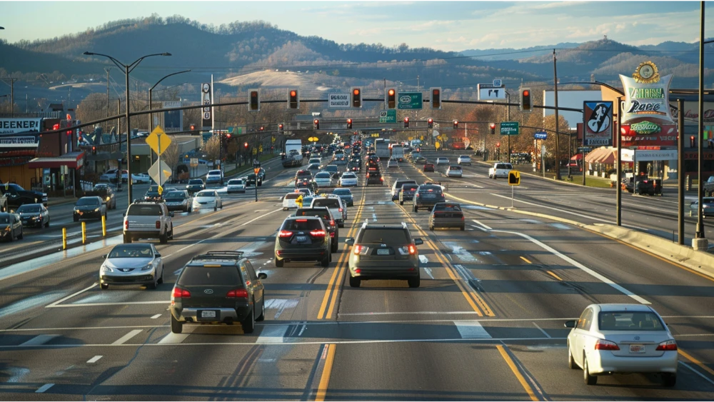 Busy Branson roadway intersection with cars and hills, representing traffic and car-focused transportation.