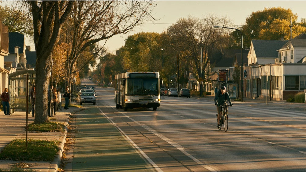 A city bus and cyclist sharing a Lincoln, Nebraska, street near sidewalks, trees, and everyday neighborhood buildings.