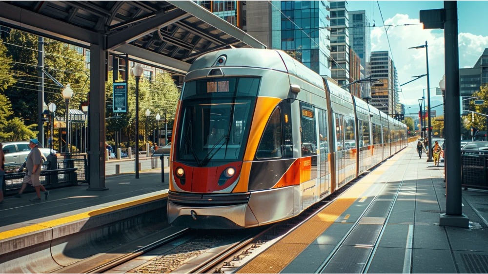 Light-rail train arriving at a station platform, representing MetroLink commuting in St. Louis.