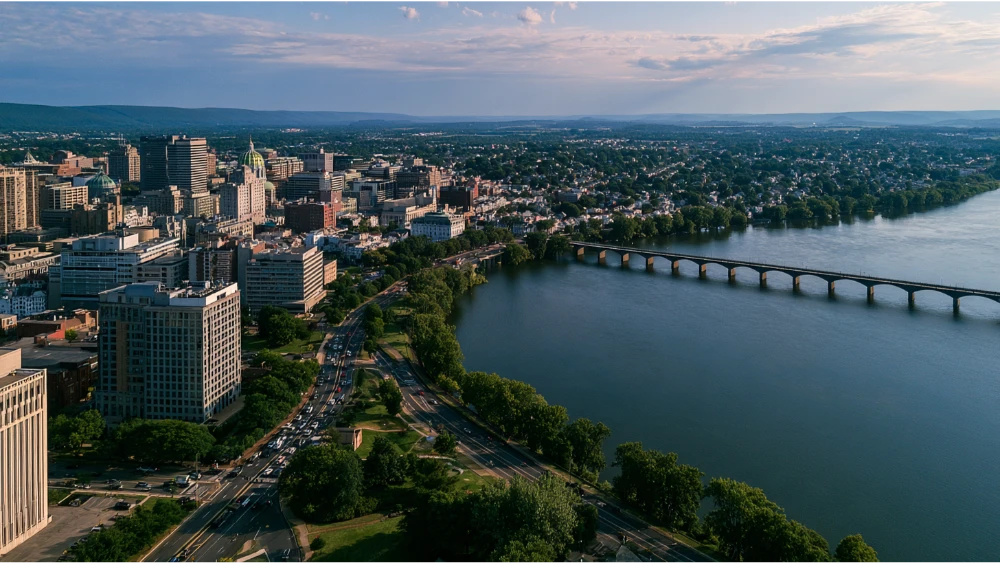 Downtown Harrisburg, Pennsylvania, with the Pennsylvania State Capitol, historic buildings, and the Susquehanna River along the city waterfront.