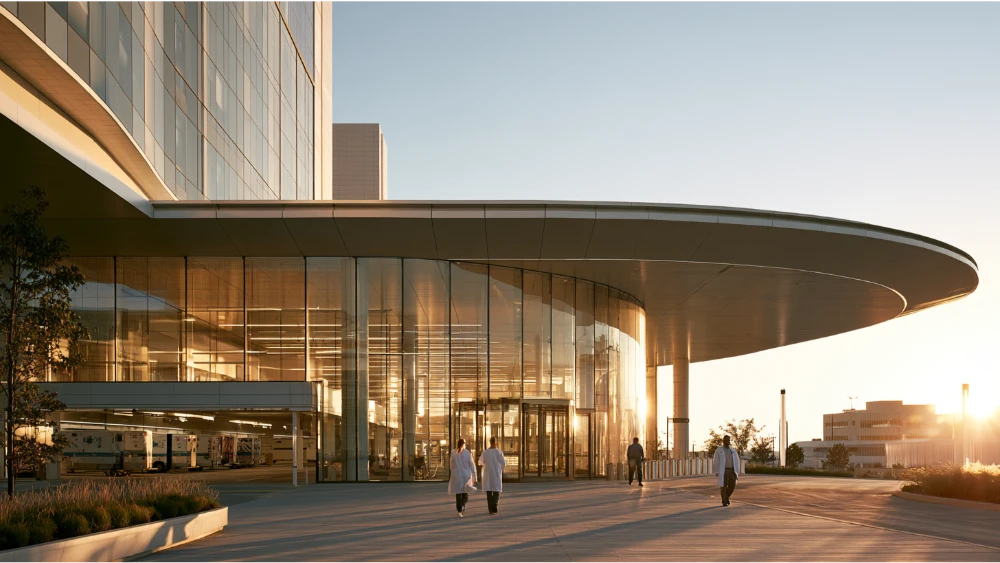Exterior of a modern Kansas City hospital with a main entrance and an ambulance area in the background.