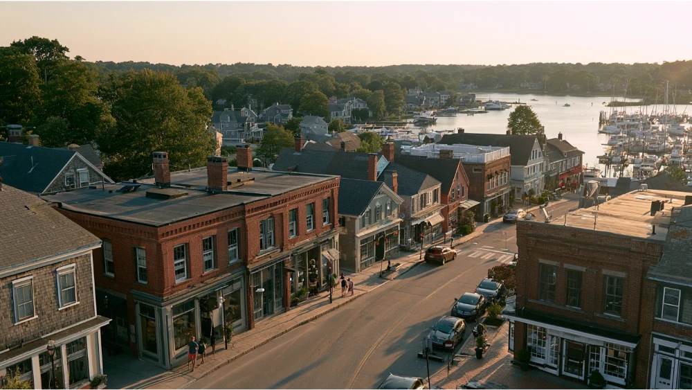 A walkable East Greenwich neighborhood with historic storefronts, traditional buildings, and a view toward the waterfront.