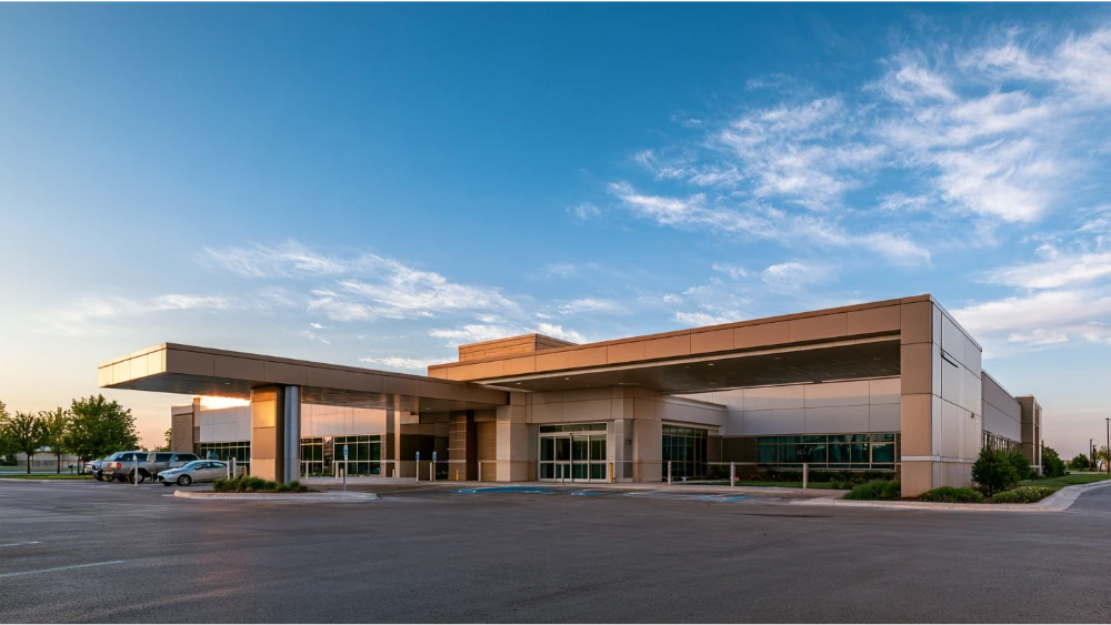 A modern community healthcare facility in the Moore, Oklahoma area with an emergency care entrance and visitor parking.