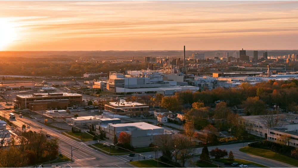 A modern industrial and commercial area in Akron, Ohio, representing the city's manufacturing, healthcare, and education economy.