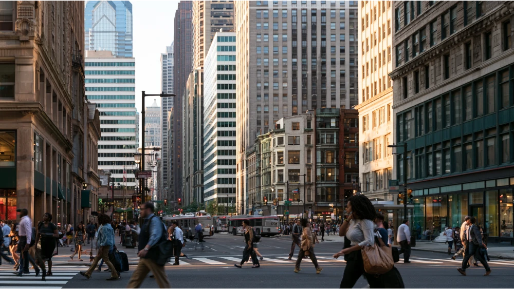 Philadelphia business district with office buildings, pedestrians, and commuters walking along a busy Center City street.