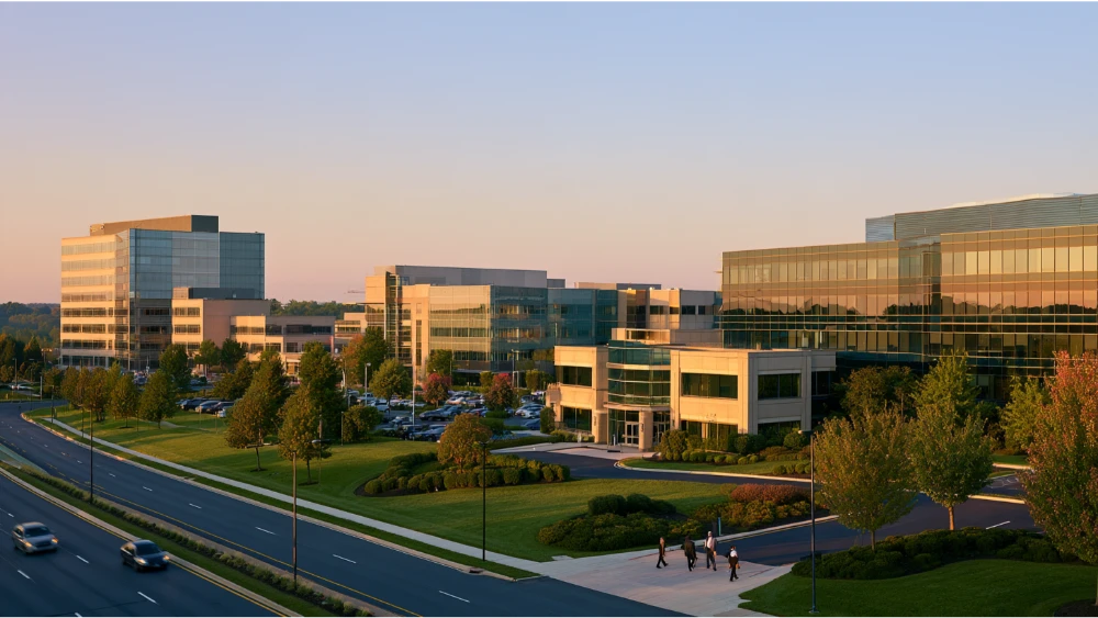 Modern office buildings and corporate campuses in King of Prussia, Pennsylvania, with landscaped grounds, nearby roads, and employees arriving for work.