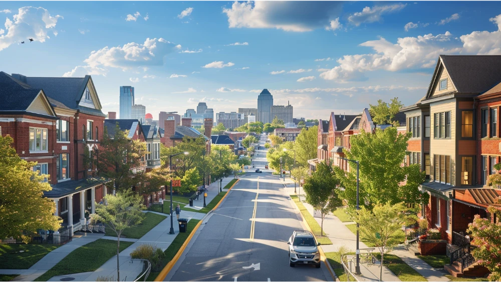 Kansas City street scene showing historic homes, modern apartments, and a walkable neighborhood feel.