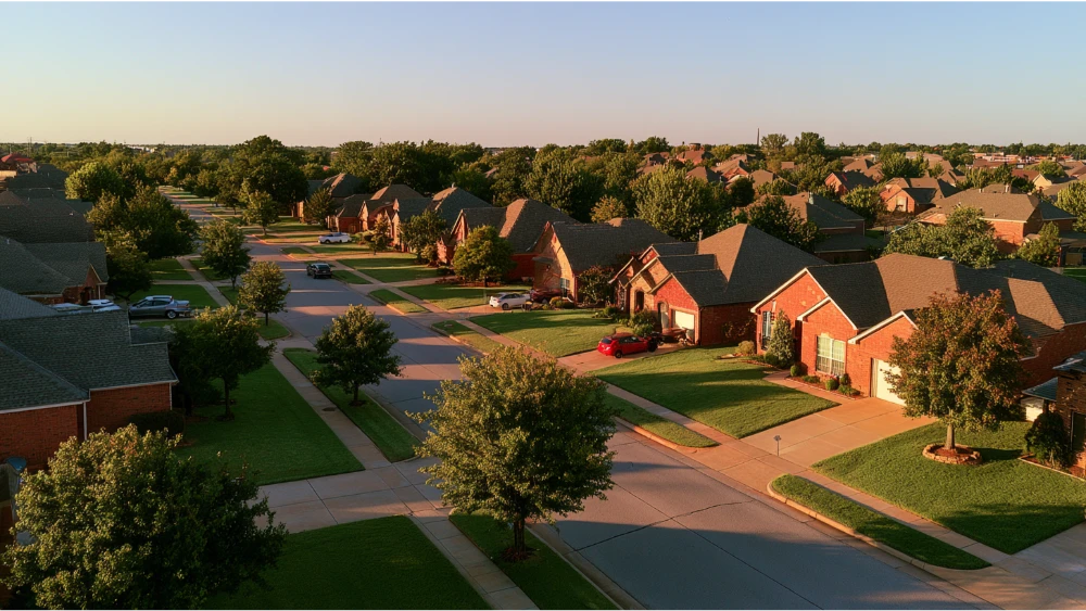 A residential neighborhood in Broken Arrow, Oklahoma, featuring brick homes, landscaped front yards, mature trees, and quiet suburban streets.