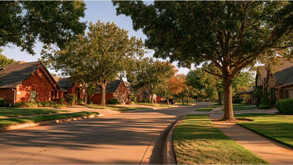 A typical Edmond, Oklahoma, residential street with brick family homes, lawns, sidewalks, and mature trees.