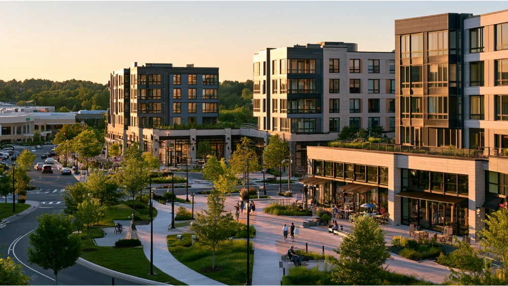 A modern King of Prussia, Pennsylvania, neighborhood with apartment buildings, landscaped walkways, local shops, and residents enjoying the suburban surroundings.