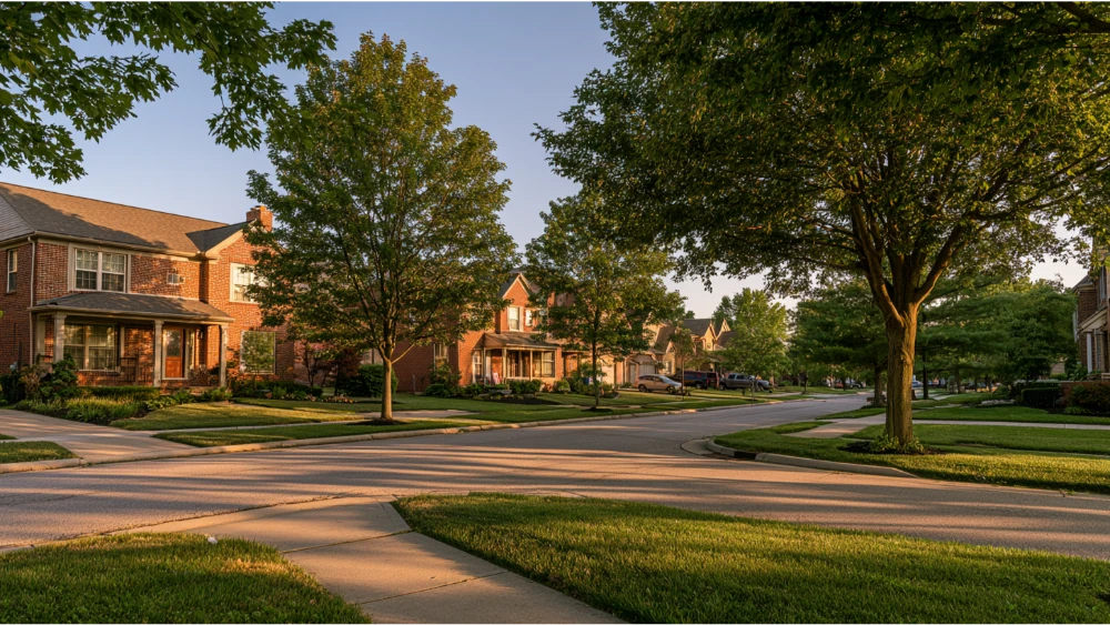 A residential street in Westerville, Ohio, with traditional family homes, mature trees, front lawns, and well-maintained sidewalks.