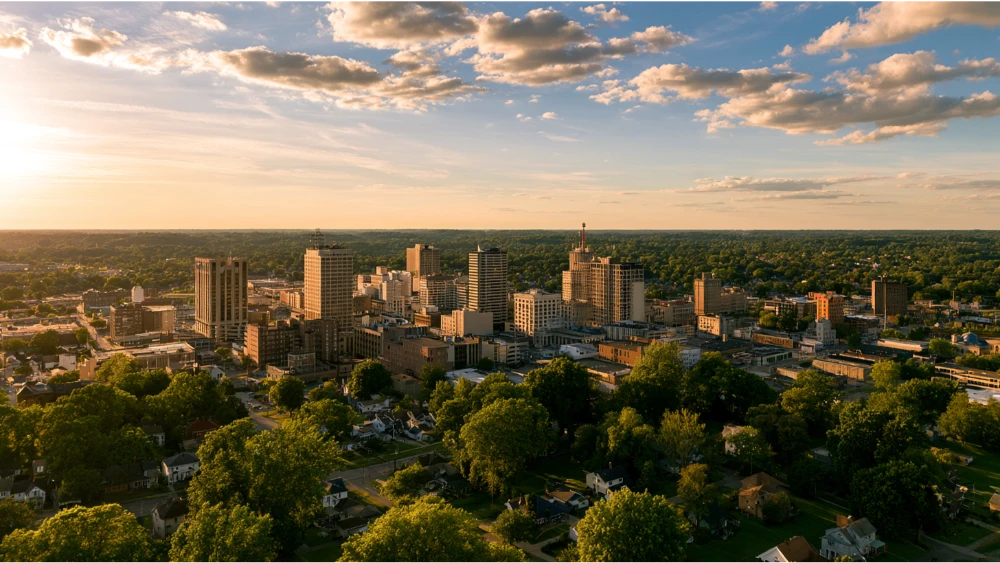 Akron, Ohio, skyline with downtown buildings, residential neighborhoods, and the green landscape of Northeast Ohio.