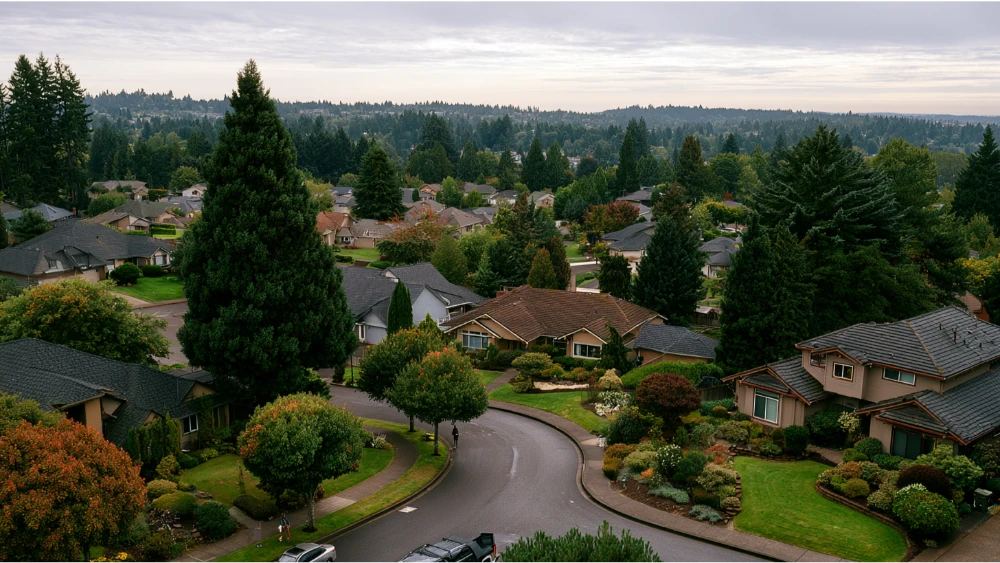 A scenic view of Beaverton, Oregon, featuring tree-lined streets, suburban homes, and the lush Pacific Northwest landscape.