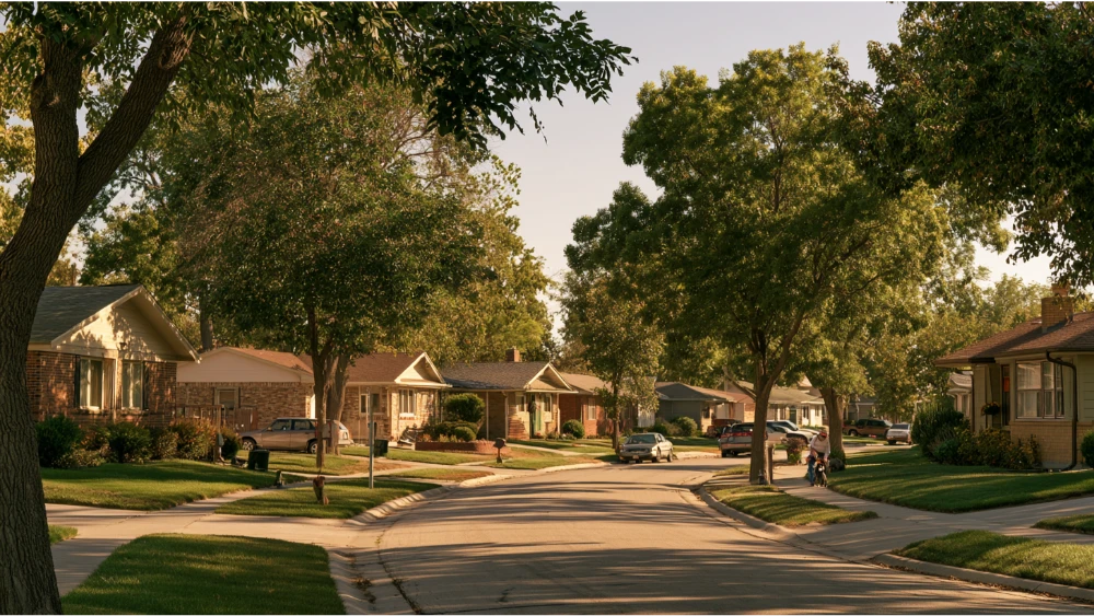 A residential street in Bellevue, Nebraska, with established family homes, mature trees, parked cars, and the local suburban landscape.