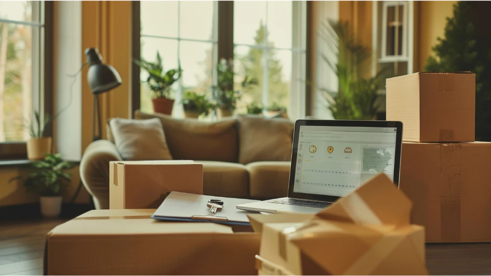 Move-in scene with boxes, keys, and a laptop, with Ozarks hills visible outside the window.