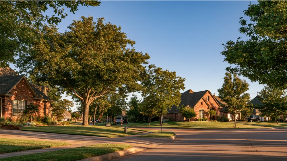 Suburban homes, tree-lined streets, and green lawns in Broken Arrow, Oklahoma, representing the city's growing residential community near Tulsa.