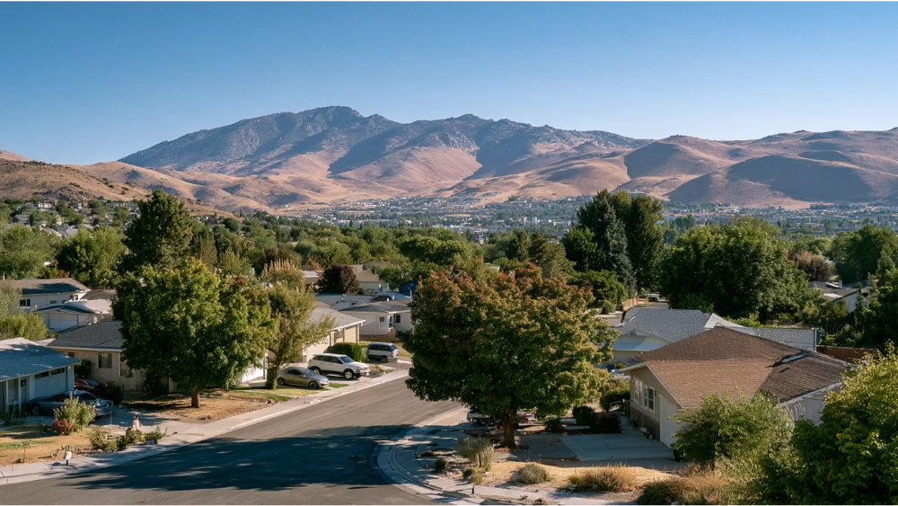 A residential street in Carson City, Nevada, with local homes, mature trees, the Sierra Nevada foothills, and a clear high-desert sky.