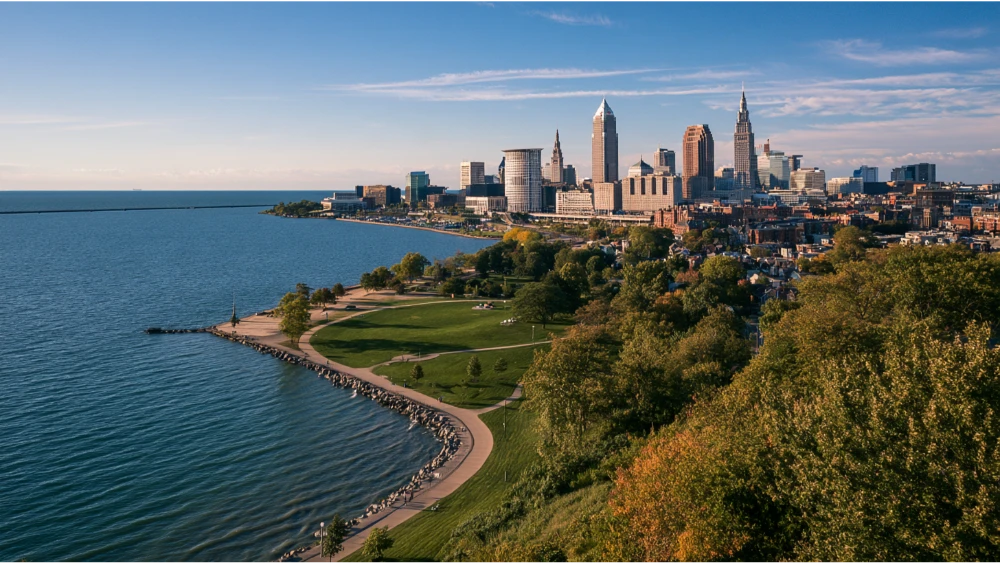 Cleveland skyline beside Lake Erie with downtown buildings, waterfront green space, and the city's urban landscape.