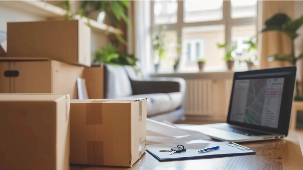 Move-in scene with boxes, keys, a checklist, and a laptop used to plan a relocation to Columbia, Missouri.