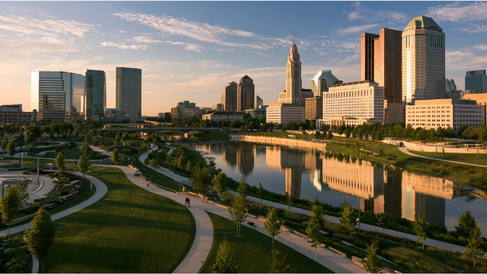 Downtown Columbus skyline overlooking the Scioto River and riverfront green spaces.