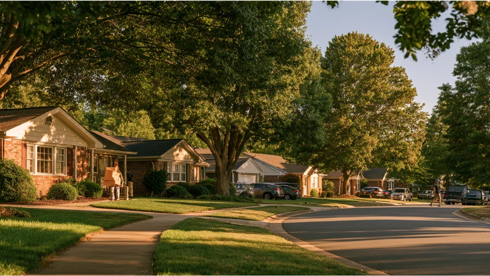 A residential neighborhood in Concord, North Carolina, with traditional brick homes, modern suburban houses, mature trees, and quiet streets.