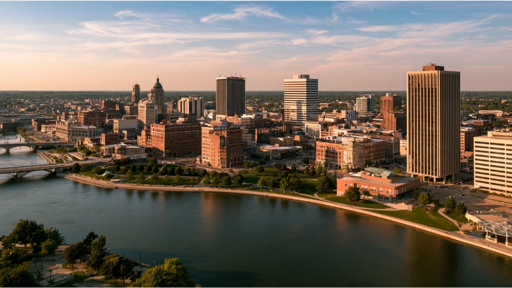 Dayton, Ohio skyline with the Great Miami River, downtown buildings, historic neighborhoods, and the surrounding Midwestern landscape.