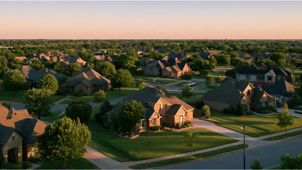 Edmond, Oklahoma, showing a suburban residential neighborhood with tree-lined streets, family homes, and the open Oklahoma sky.