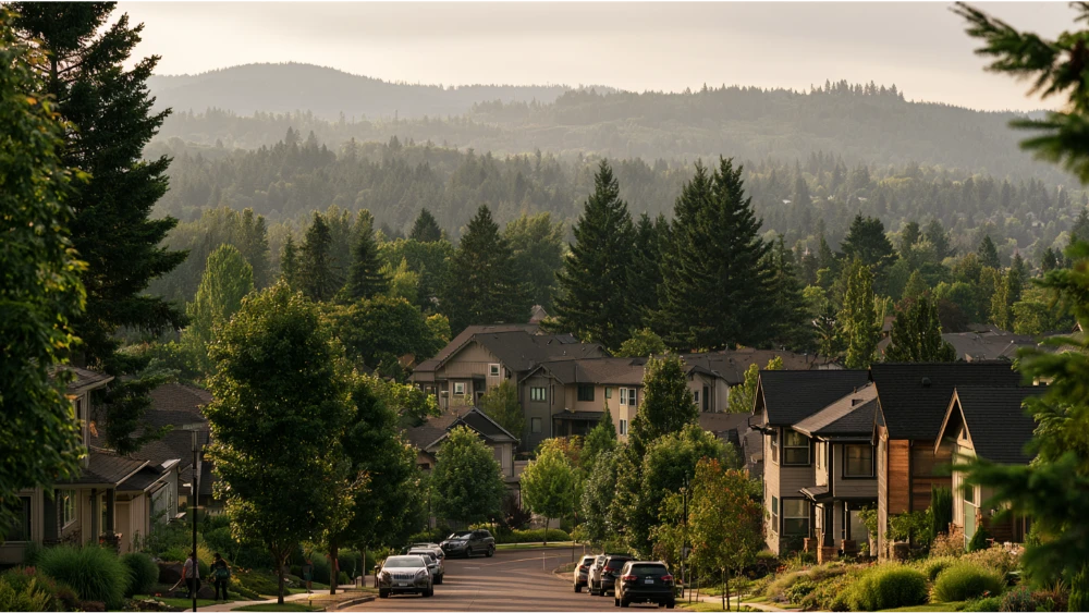 A view of Hillsboro, Oregon, with suburban neighborhoods, mature evergreen trees, and the green landscape of the Portland metropolitan area.