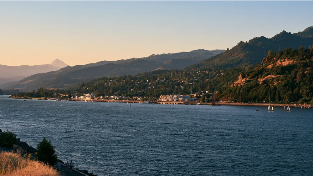 Hood River, Oregon, with the Columbia River, waterfront recreation, green hills, and Mount Hood rising in the distance.