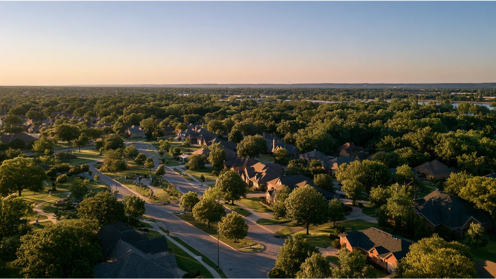 A scenic view of Jenks, Oklahoma, showing a welcoming suburban community, tree-lined residential streets, and the Arkansas River area beneath the open Oklahoma sky.