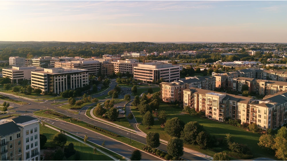 King of Prussia, Pennsylvania, with modern commercial buildings, landscaped roads, residential development, and green spaces near Valley Forge.