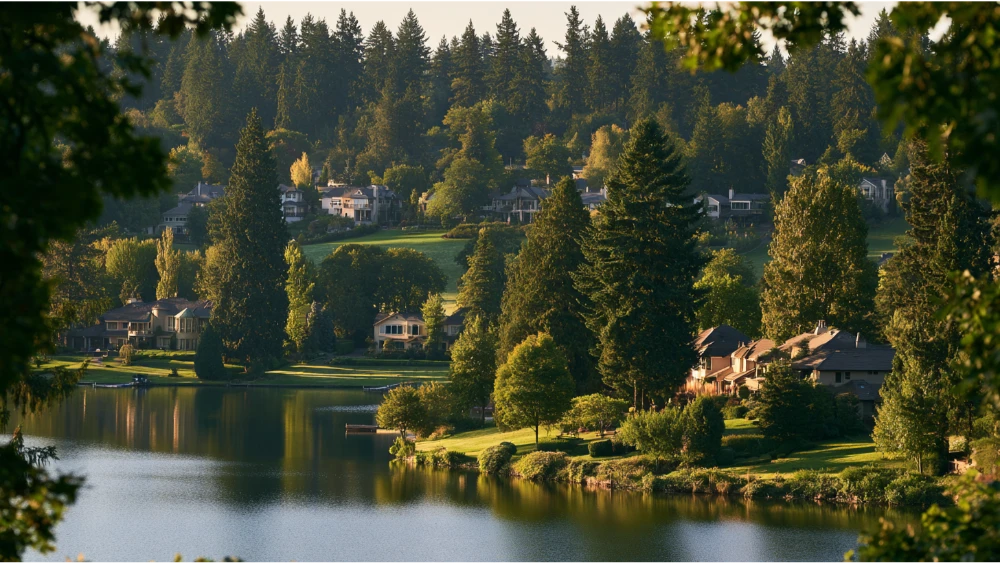 Lake Oswego, Oregon, with wooded residential neighborhoods, a peaceful lake, landscaped parks, and green hills near Portland.