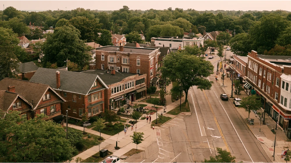Walkable Lakewood, Ohio neighborhood featuring historic homes, local shops, tree-lined streets, and the nearby Lake Erie waterfront.
