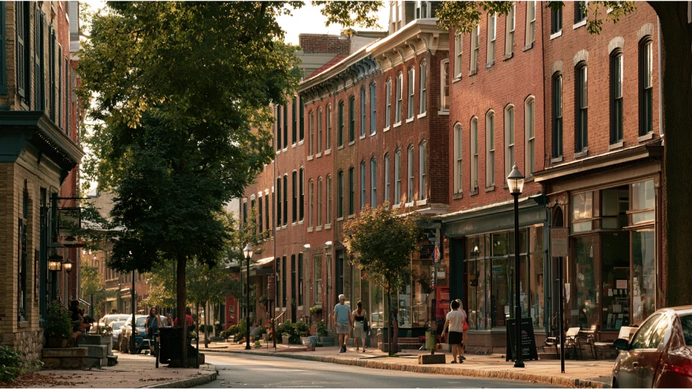 A realistic view of Lancaster, Pennsylvania, featuring historic downtown buildings, tree-lined streets, and the surrounding countryside.