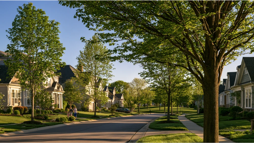 Mason, Ohio suburban community featuring modern family homes, tree-lined streets, green spaces, and well-maintained residential neighborhoods near Cincinnati.