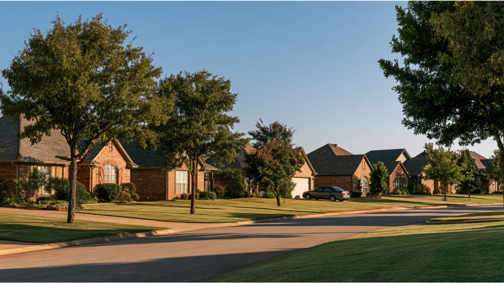 Suburban homes and quiet residential streets in Moore, Oklahoma, representing the city's family-friendly neighborhoods and suburban lifestyle.