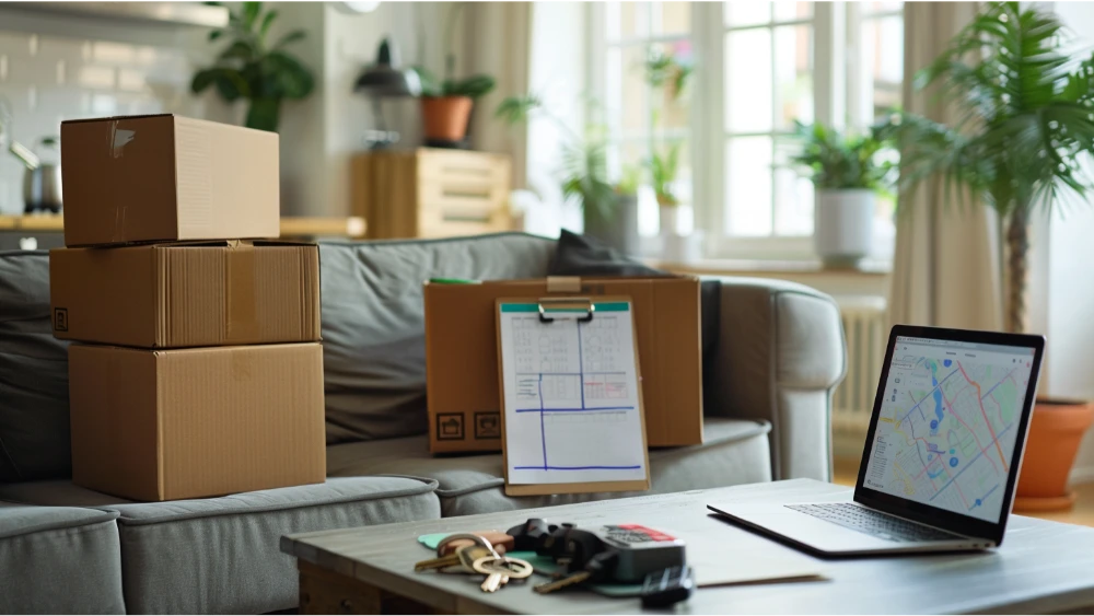 Move-in scene with boxes, keys, a checklist, and a laptop used to plan a move to O’Fallon, Missouri.