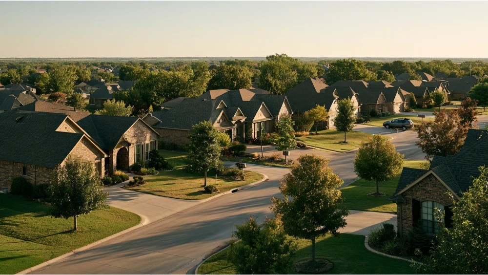 Suburban homes and tree-lined residential streets in Owasso, Oklahoma, reflecting the community's growing housing market and family-oriented lifestyle.