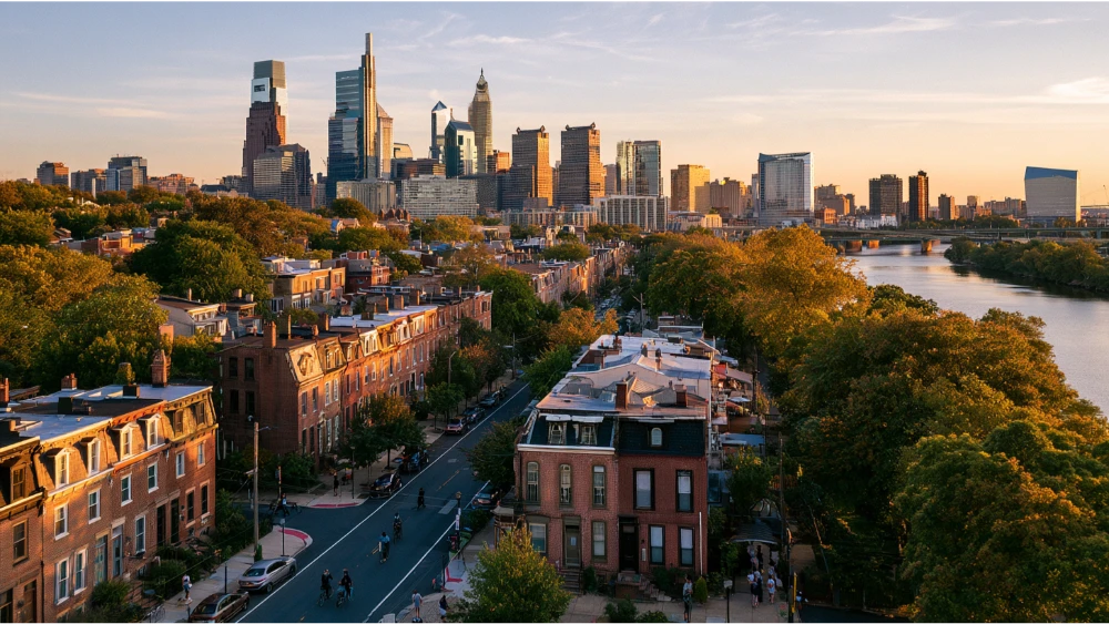 Philadelphia, Pennsylvania, skyline with historic city buildings, Center City streets, green urban spaces, and the Schuylkill River.