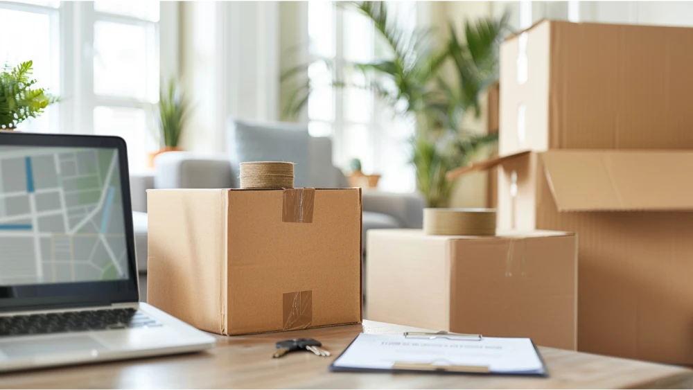 Move-in scene with boxes, keys, a checklist, and a laptop used to plan a Springfield relocation.