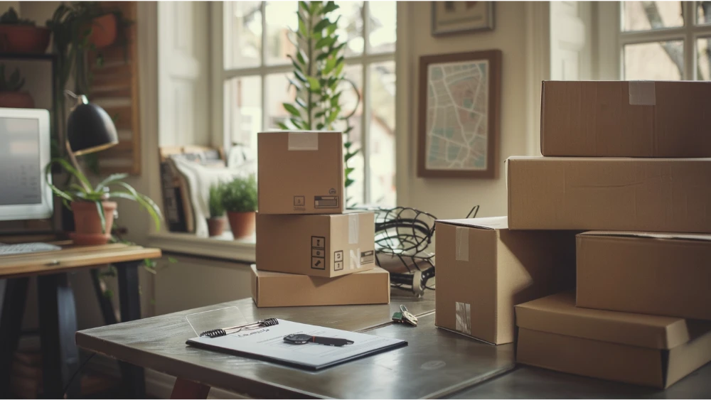 Move-in scene with boxes, keys, a checklist, and a laptop used to plan a relocation to St. Charles, Missouri.
