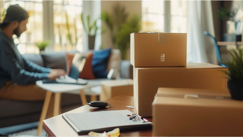 Move-in scene with boxes, a checklist, keys, and a laptop used to plan a move to St. Louis.