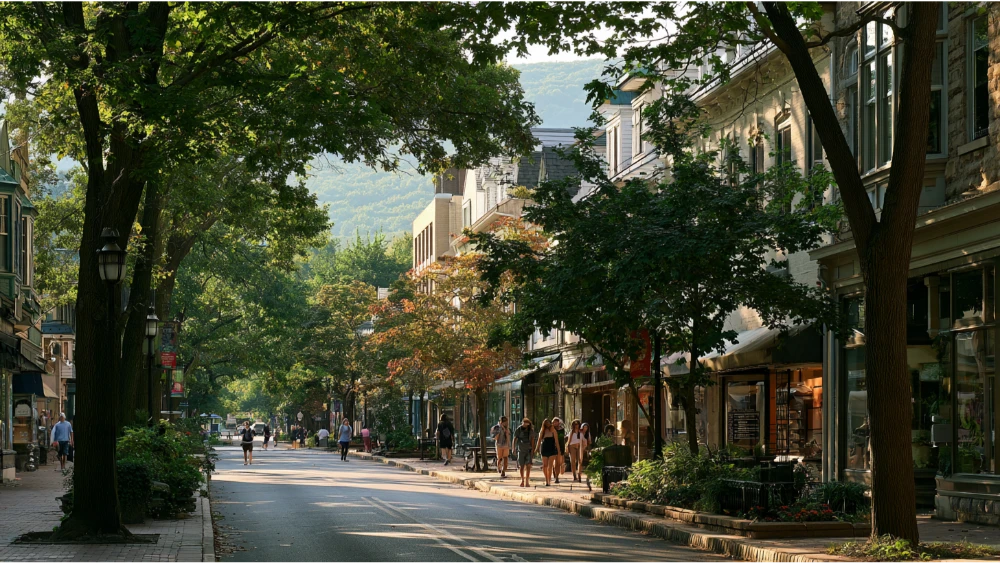 State College, Pennsylvania, downtown streets near Penn State University with leafy trees, local businesses, and a welcoming college-town atmosphere.