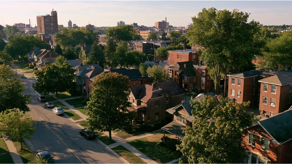 Toledo, Ohio neighborhood streets with historic brick homes, mature trees, local buildings, and the downtown riverfront in the distance.