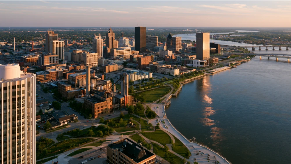 Toledo, Ohio skyline along the Maumee River with downtown buildings, riverfront parks, and bridges in Northwest Ohio.