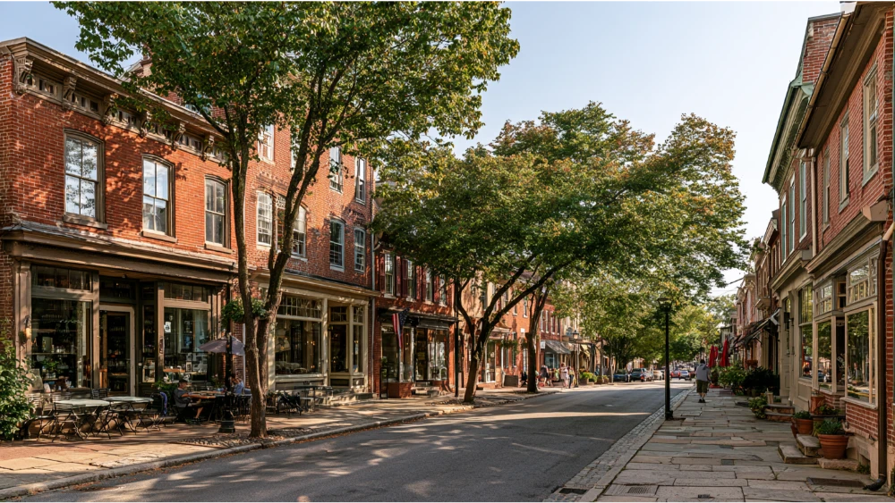 Historic downtown West Chester, Pennsylvania, with brick storefronts, traditional architecture, tree-lined streets, and pedestrians exploring the borough.