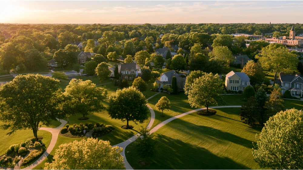 Westerville, Ohio, featuring a suburban neighborhood, leafy streets, and green parkland near the Columbus metropolitan area.
