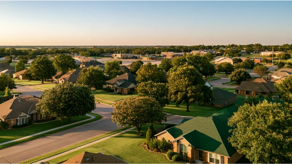 A welcoming suburban view of Yukon, Oklahoma, featuring residential homes, tree-lined streets, green spaces, and the relaxed atmosphere of a growing Oklahoma City suburb.